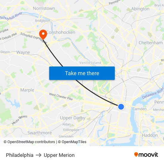 Philadelphia to Upper Merion map