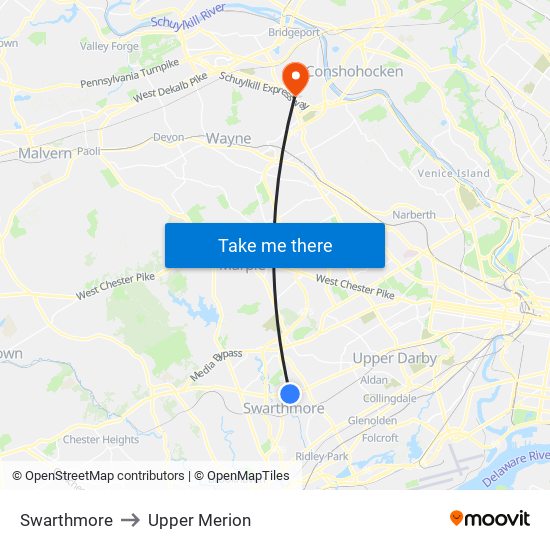 Swarthmore to Upper Merion map