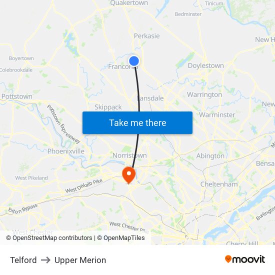 Telford to Upper Merion map