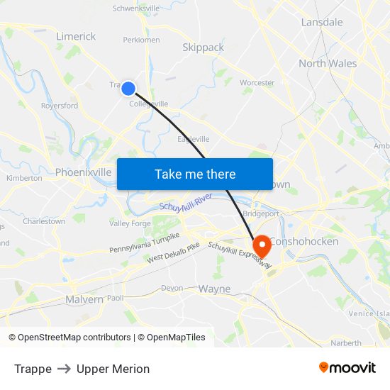 Trappe to Upper Merion map