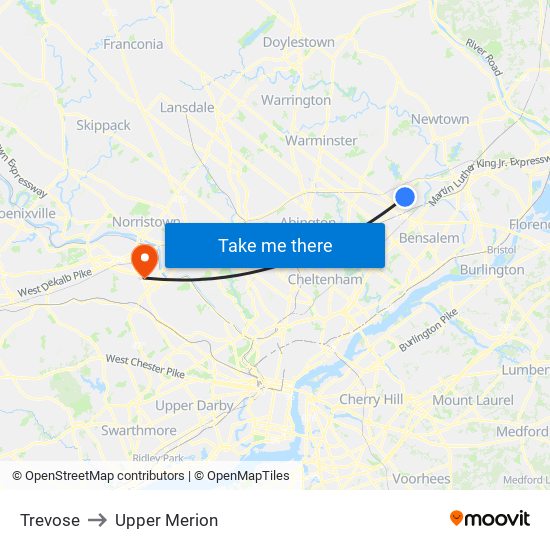 Trevose to Upper Merion map