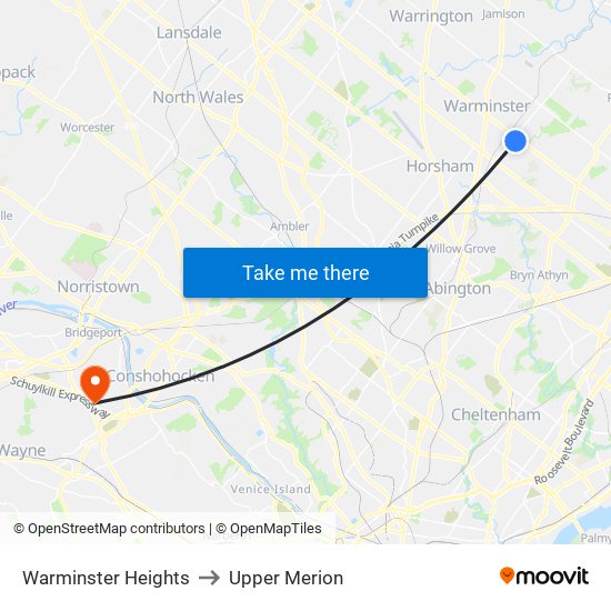 Warminster Heights to Upper Merion map