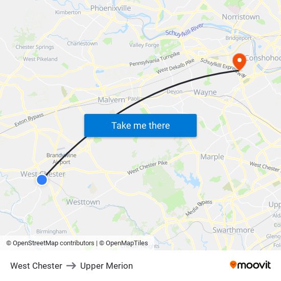 West Chester to Upper Merion map