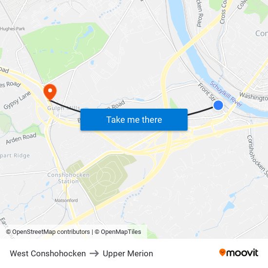 West Conshohocken to Upper Merion map