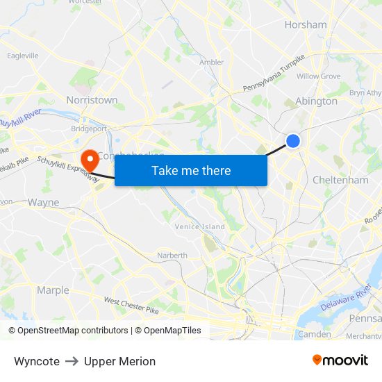 Wyncote to Upper Merion map