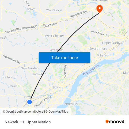 Newark to Upper Merion map