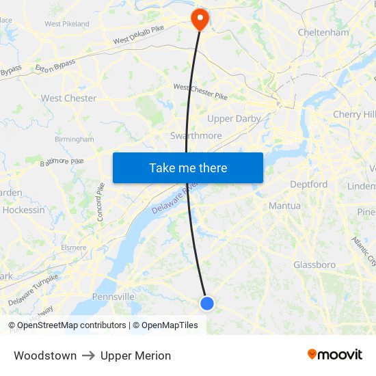 Woodstown to Upper Merion map