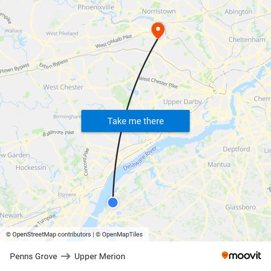 Penns Grove to Upper Merion map