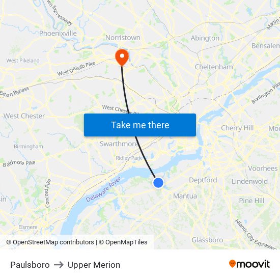Paulsboro to Upper Merion map