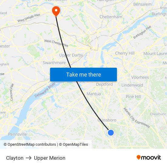 Clayton to Upper Merion map