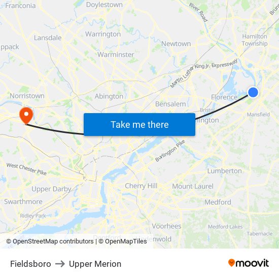 Fieldsboro to Upper Merion map