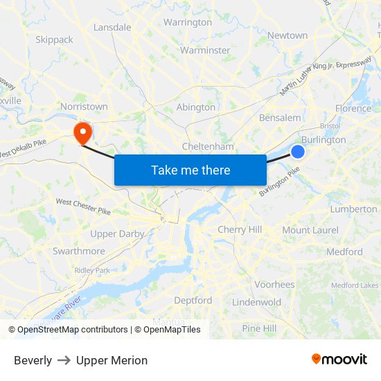 Beverly to Upper Merion map