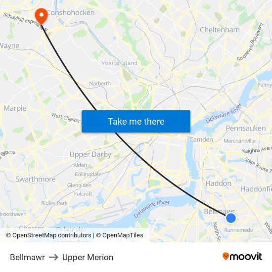 Bellmawr to Upper Merion map