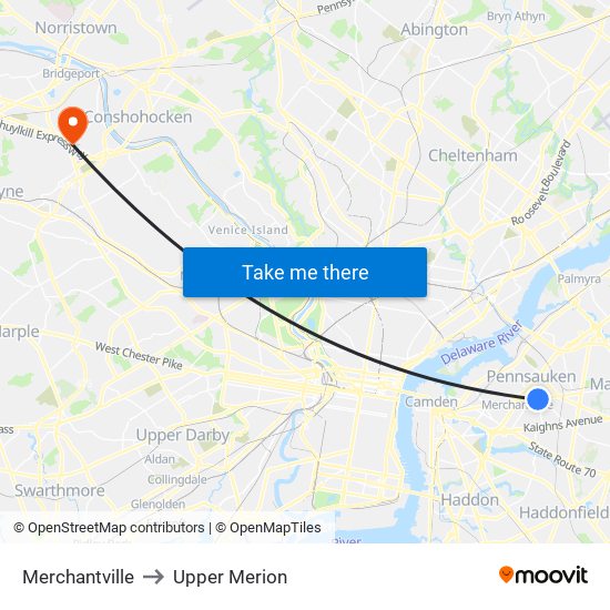 Merchantville to Upper Merion map