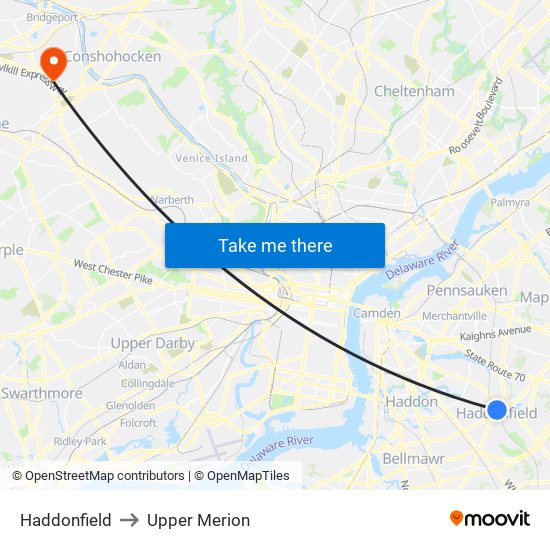 Haddonfield to Upper Merion map