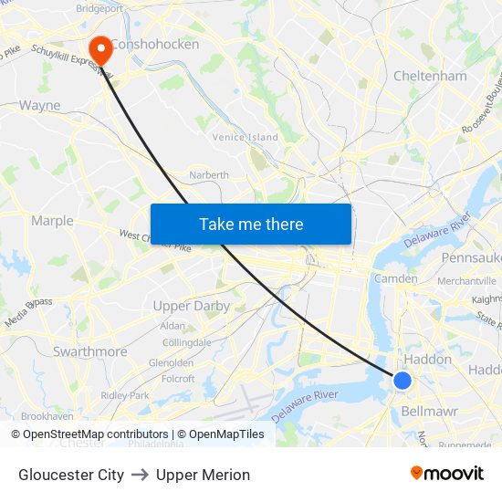 Gloucester City to Upper Merion map