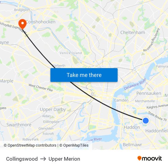 Collingswood to Upper Merion map