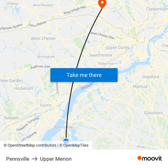 Pennsville to Upper Merion map