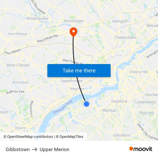 Gibbstown to Upper Merion map