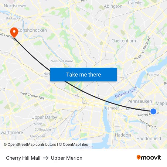 Cherry Hill Mall to Upper Merion map