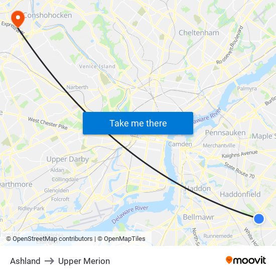 Ashland to Upper Merion map