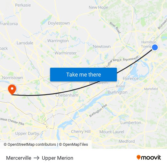 Mercerville to Upper Merion map