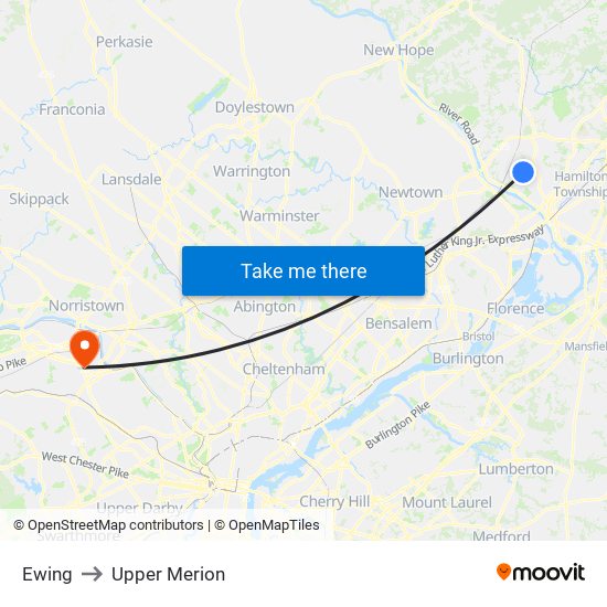 Ewing to Upper Merion map