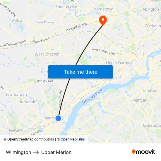 Wilmington to Upper Merion map