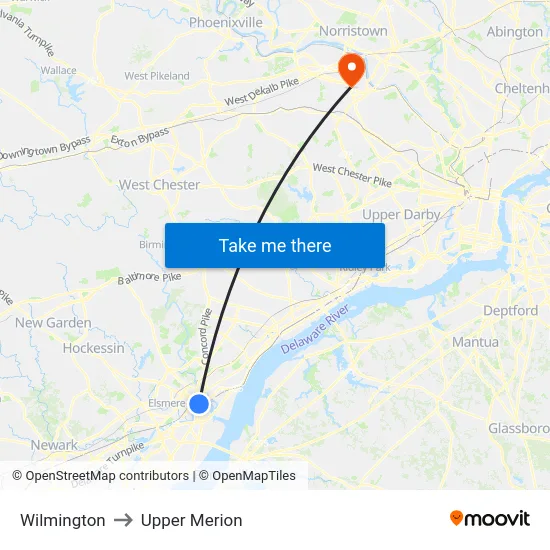 Wilmington to Upper Merion map
