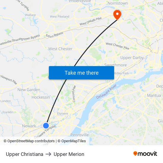 Upper Christiana to Upper Merion map