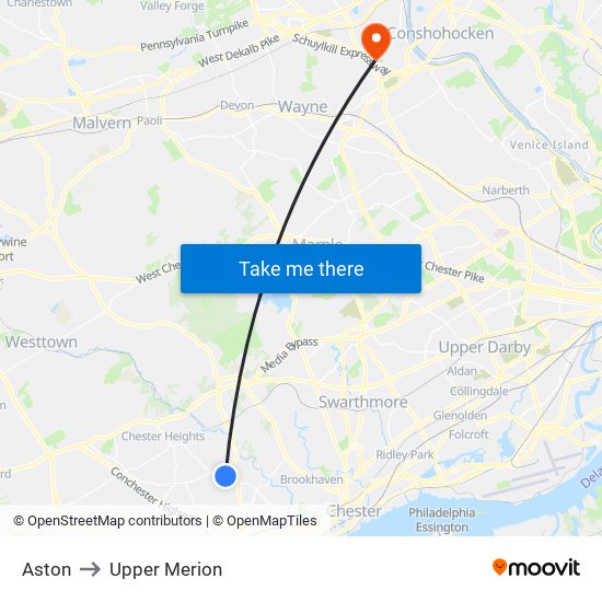 Aston to Upper Merion map