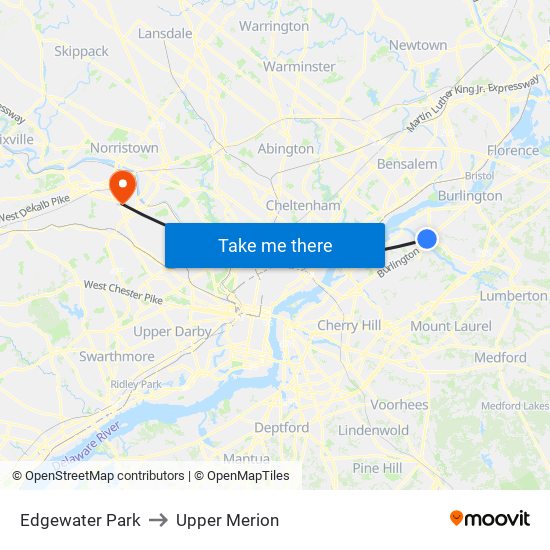 Edgewater Park to Upper Merion map