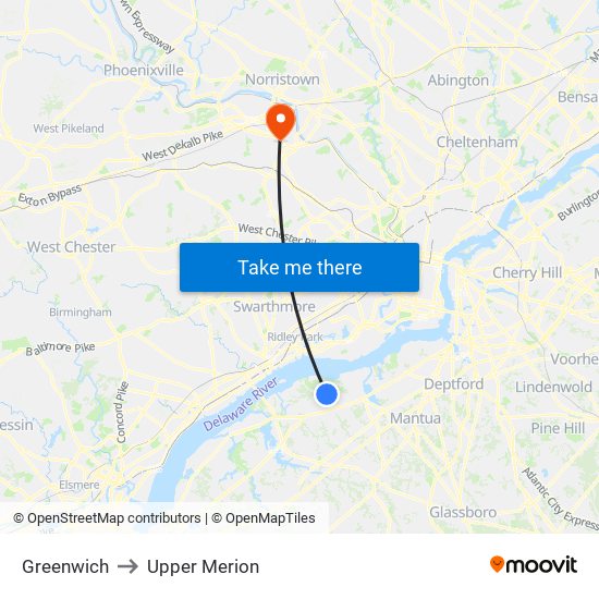 Greenwich to Upper Merion map