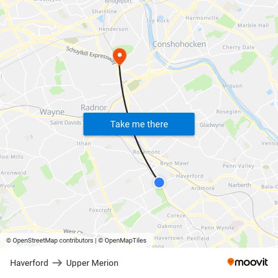Haverford to Upper Merion map