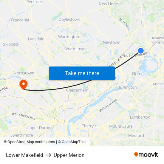 Lower Makefield to Upper Merion map