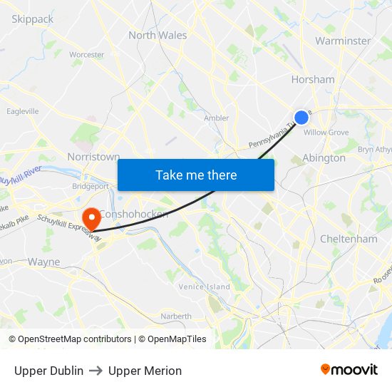 Upper Dublin to Upper Merion map