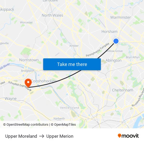 Upper Moreland to Upper Merion map