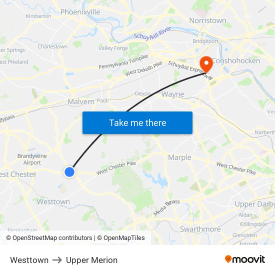 Westtown to Upper Merion map