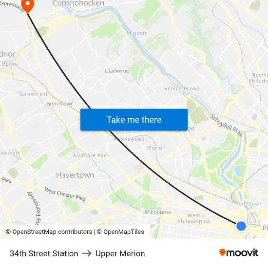 34th Street Station to Upper Merion map