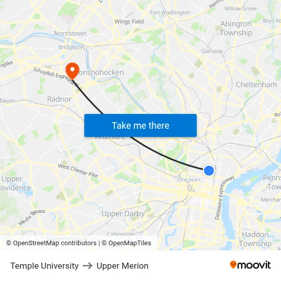 Temple University to Upper Merion map