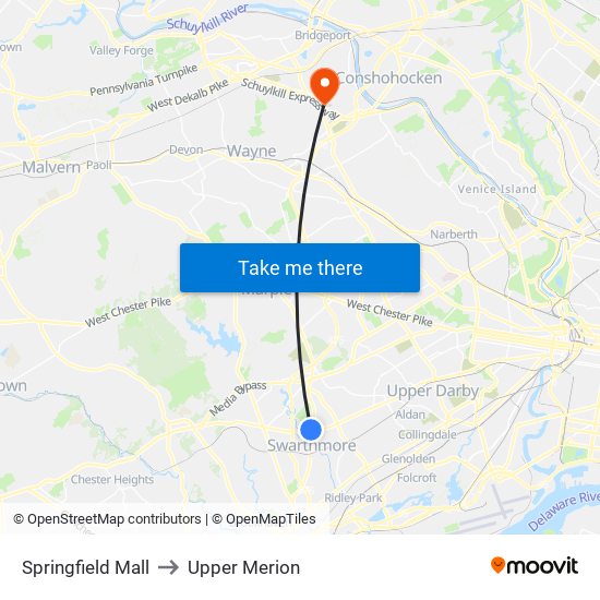 Springfield Mall to Upper Merion map