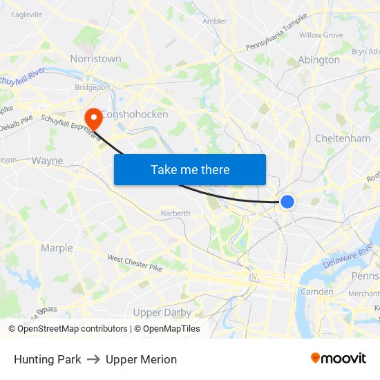 Hunting Park to Upper Merion map
