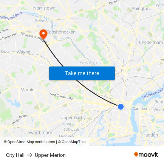 City Hall to Upper Merion map