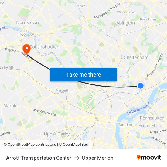 Arrott Transportation Center to Upper Merion map