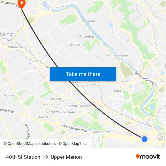 40th St Station to Upper Merion map