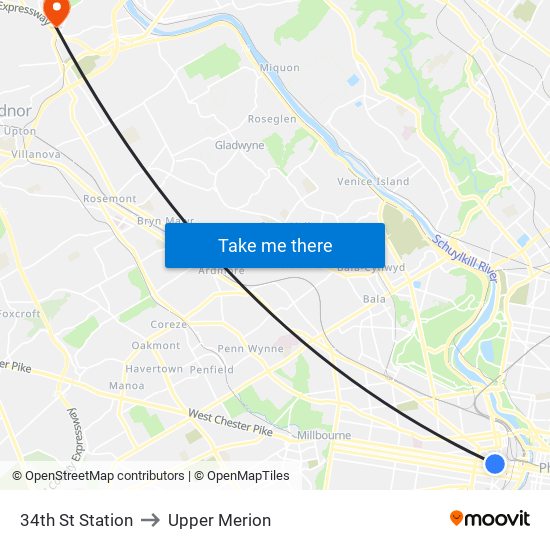 34th St Station to Upper Merion map