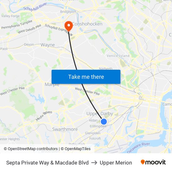 Septa Private Way & Macdade Blvd to Upper Merion map