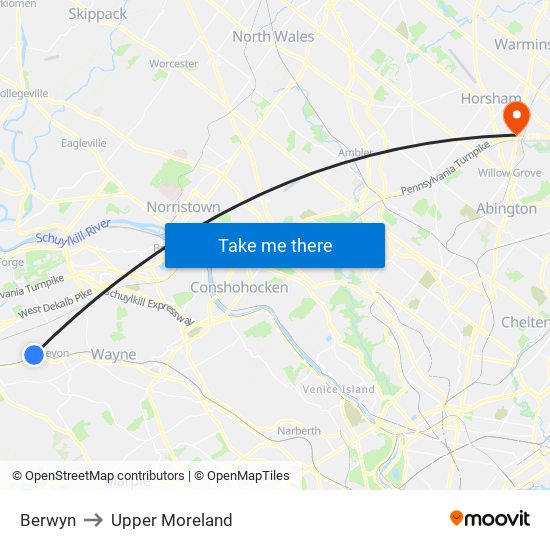 Berwyn to Upper Moreland map