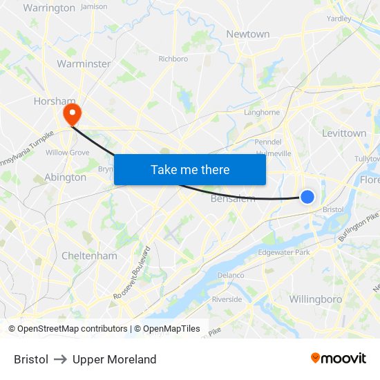 Bristol to Upper Moreland map