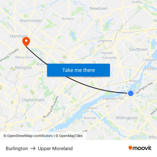 Burlington to Upper Moreland map